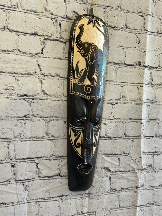 50cm Elephant Mask Carved Wooden Brown Work Painted Ethnic Tribal Tiki Wall Art