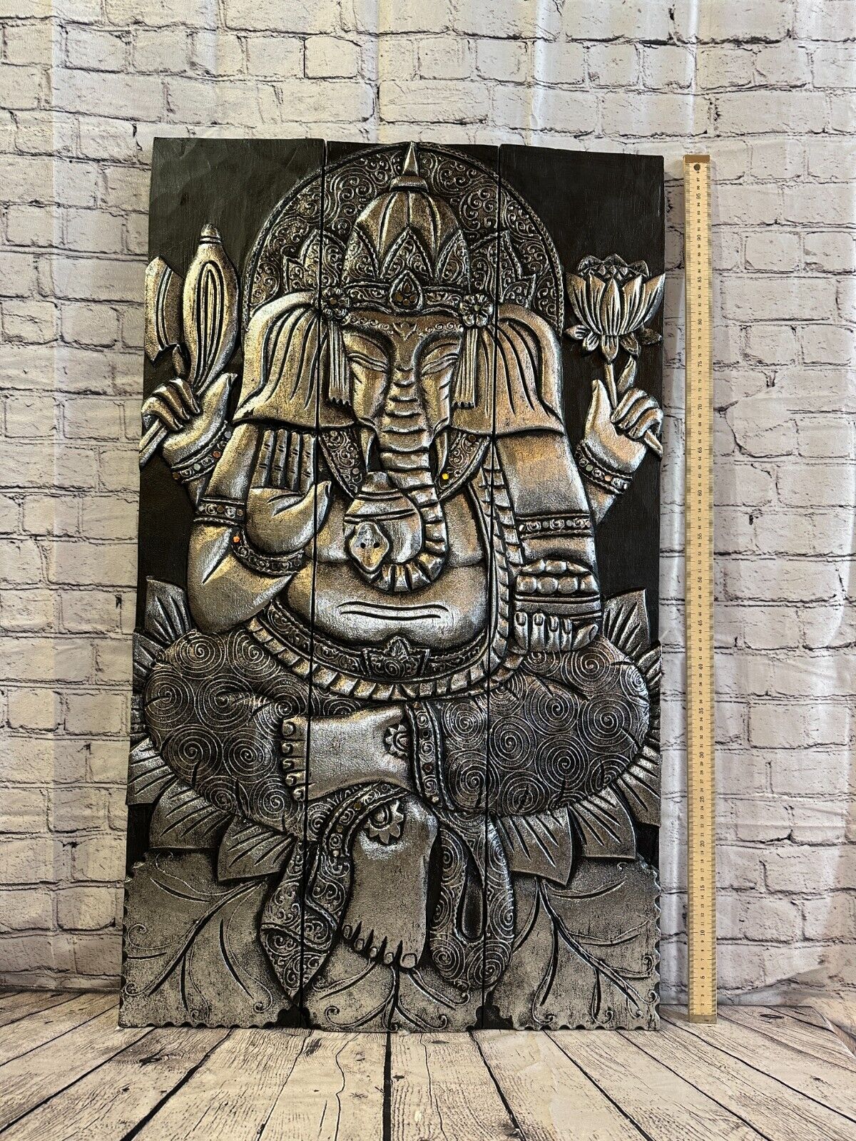 100cm x 60cm Ganesh Silver 3 Panel Wooden Wood Panel Wall Art Plaque Handcarved