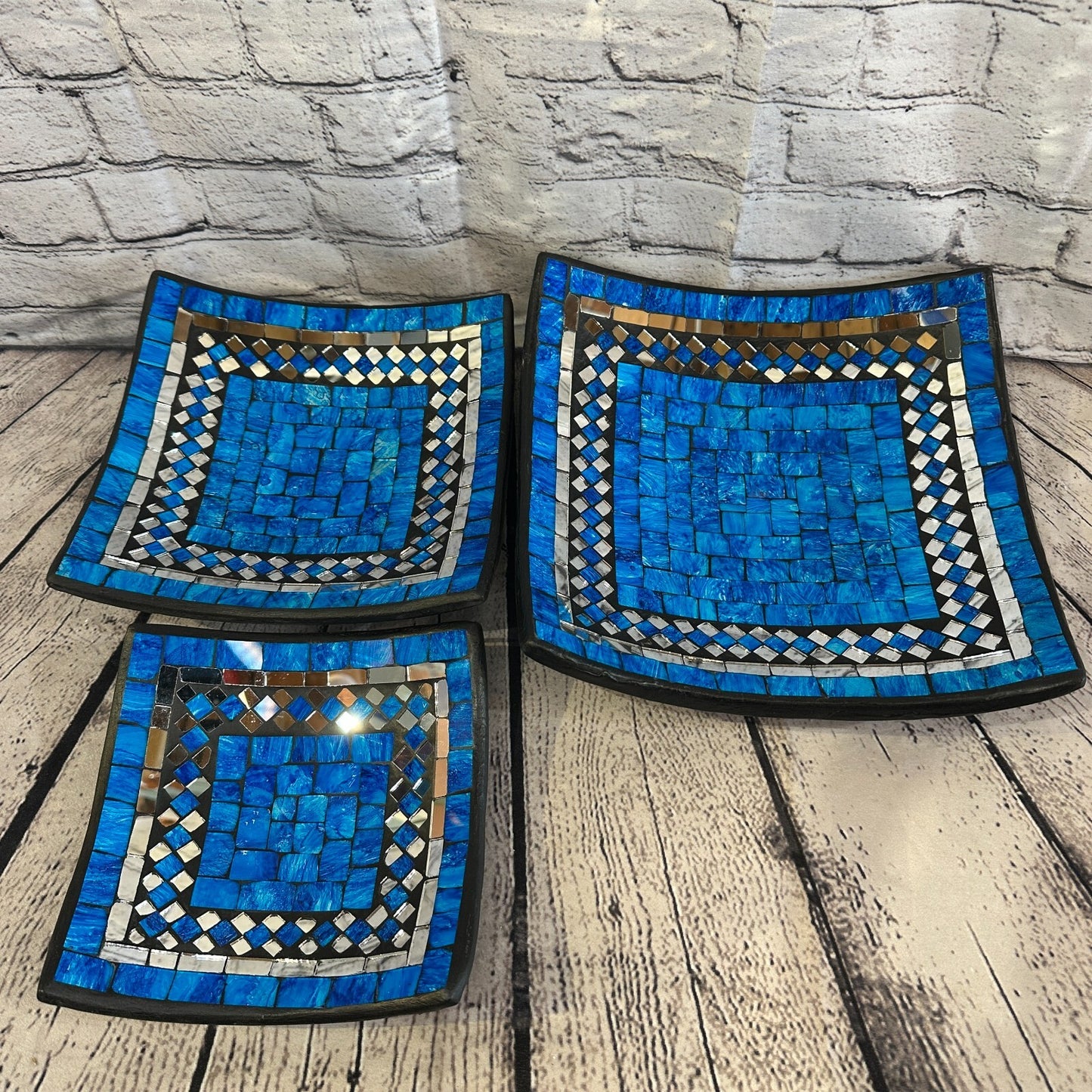 30cm Blue Square Mosaic Handmade Ceramic Glass Tile Bowl Fruit