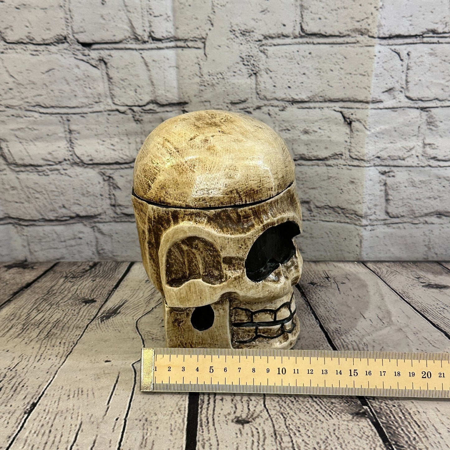 18cm x 12cm Shallow Wooden Gothic Skeleton Skull  Head Coffin Jewellery Box