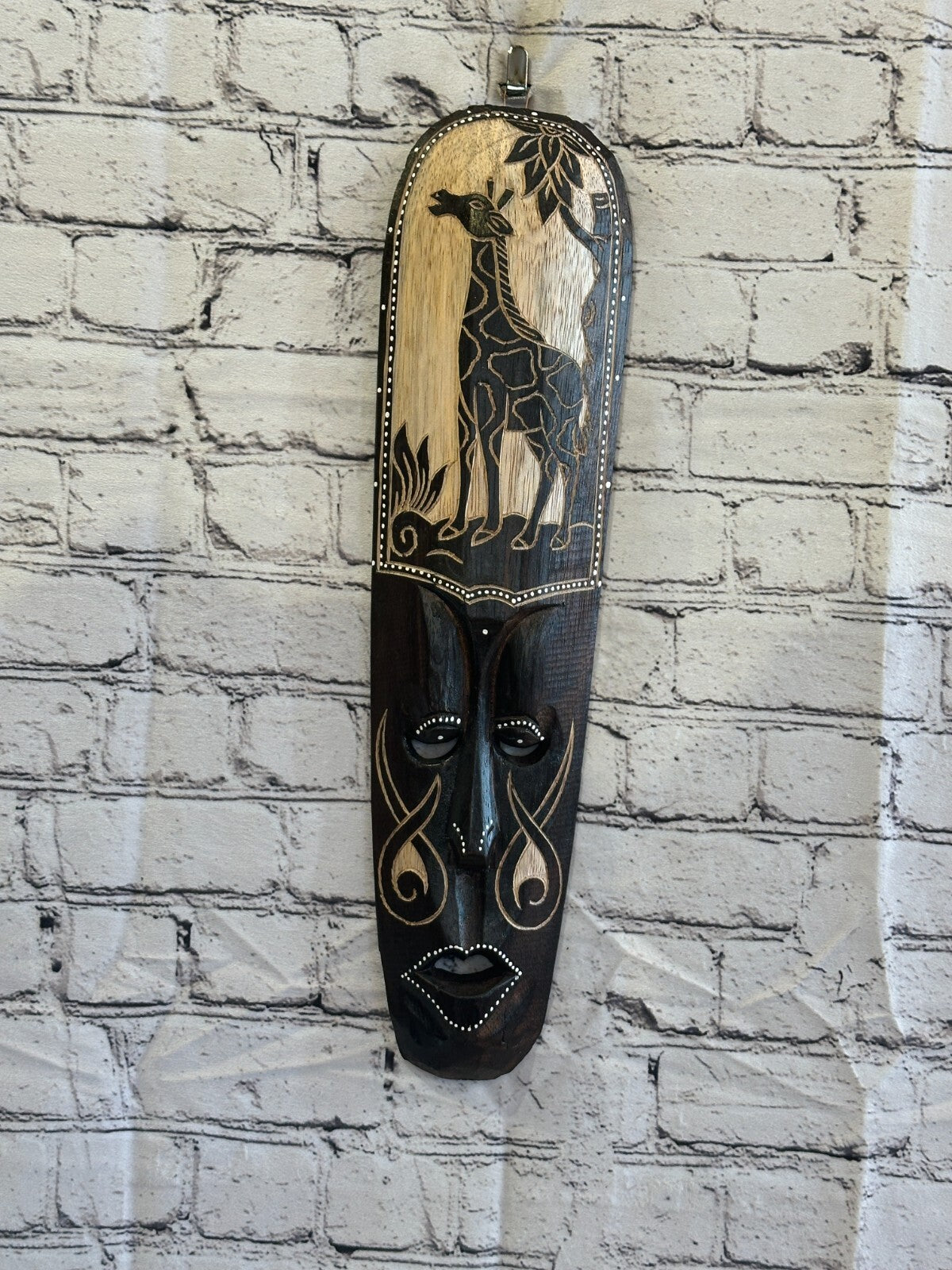 50cm Giraffe Mask Carved Wooden Brown Work Painted Ethnic Tribal Tiki Wall Art