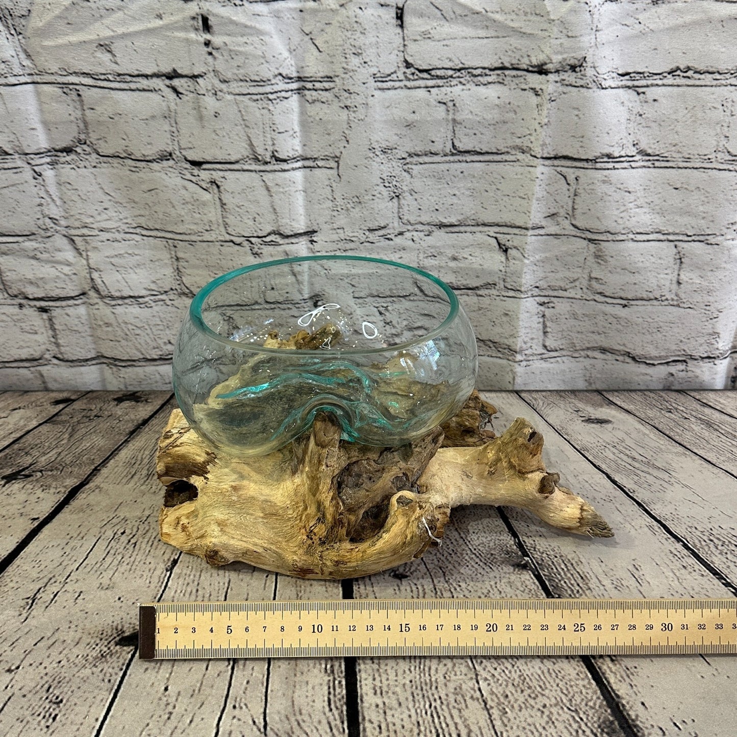 18cm x 25cm Molten Glass Round Bowl Natural Root Wood Base Stand Decor Ornament