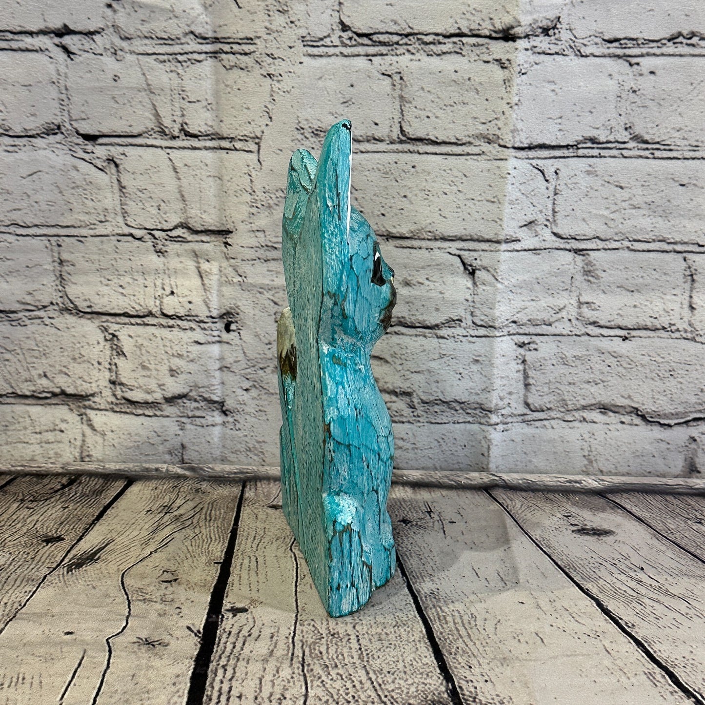 25cm x 10cm Green Flower Wooden Shabby Cat Statue Ornament Fair Trade Handcarved
