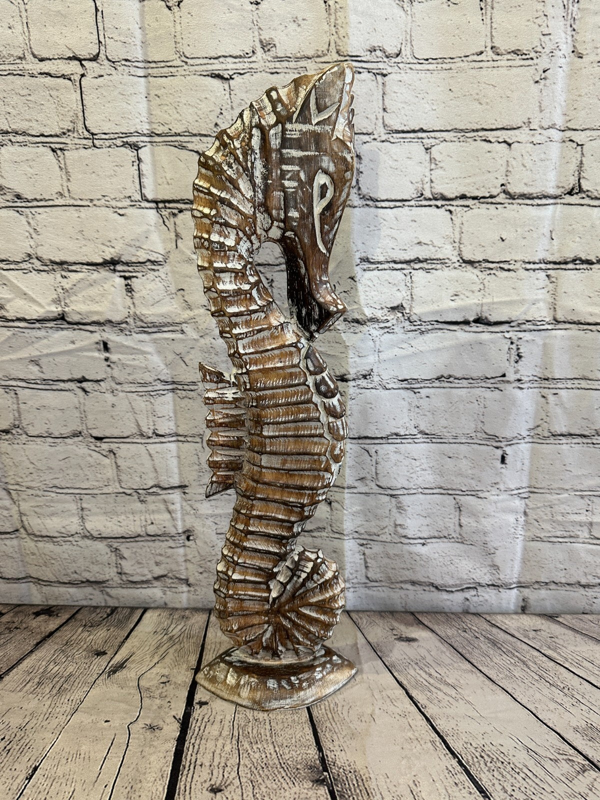 50cm Brown Plain Wooden Shabby Seahorse Statue Ornament Fair Trade Handcarved