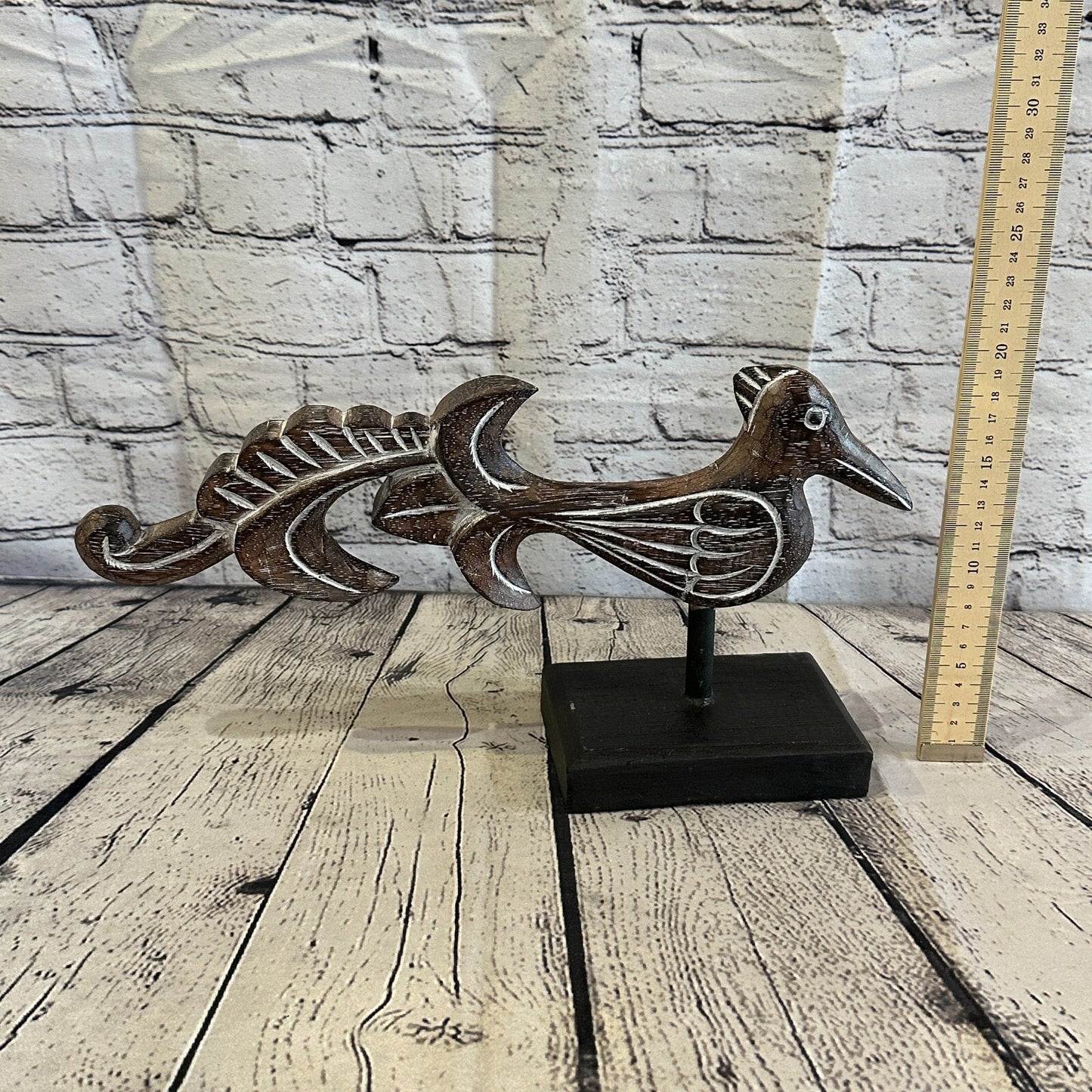 40cm x 20cm Wooden Tribal Primitive Black Phoenix Bird Stand Sculpture Statue