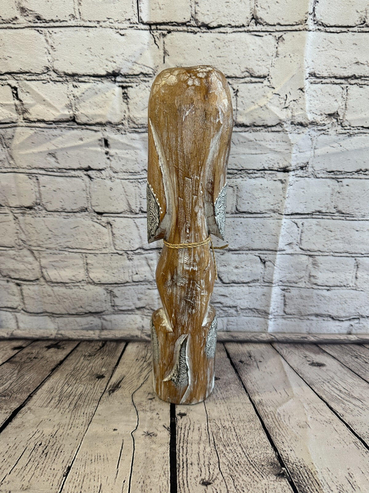 40cm Light Brown Flower Wooden Shabby Dog Statue Ornament Fair Trade Handcarved