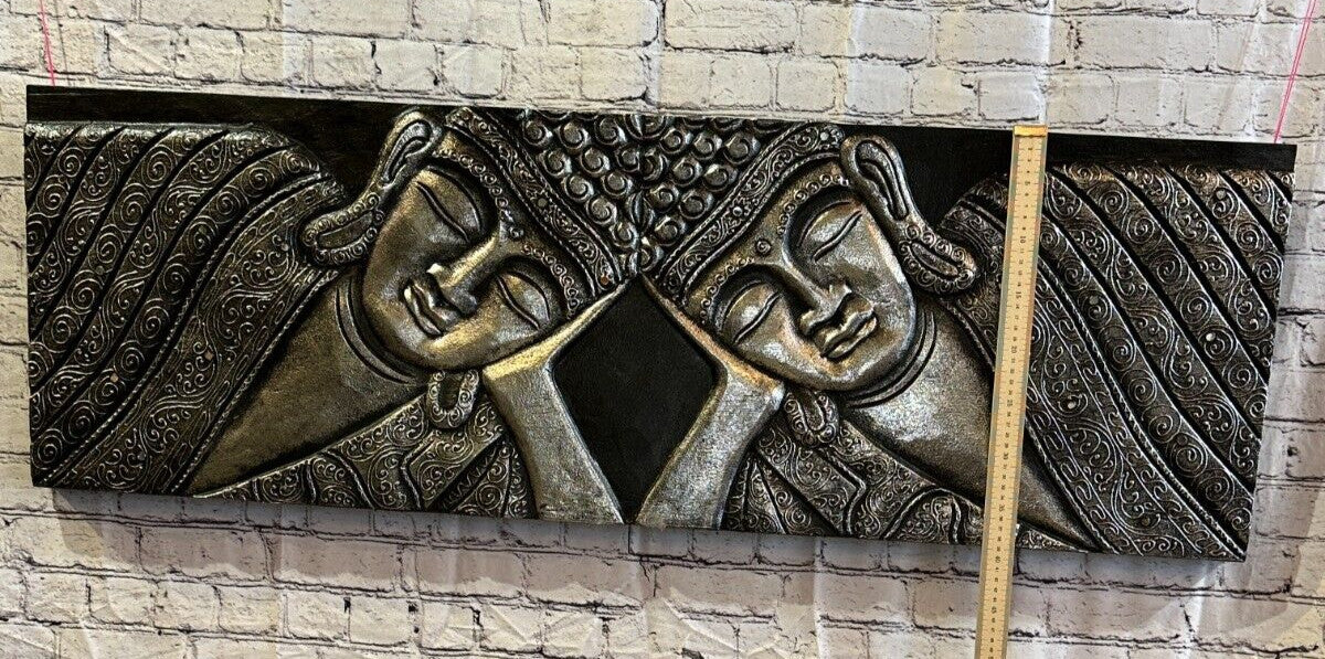 110cm x 40cm Buddha 2 Faces Silver Wooden Wood Panel Wall Art Plaque Handcarved
