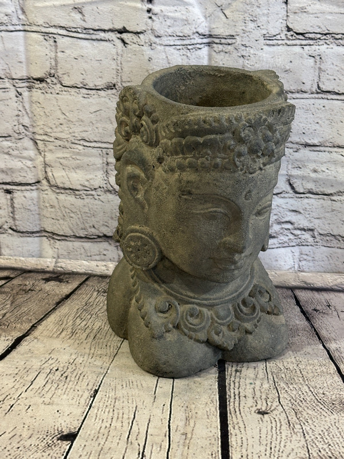 Thai Buddha Head Stone Garden Pot 25cm x 15cm Ornament Indoor Statue Hindu