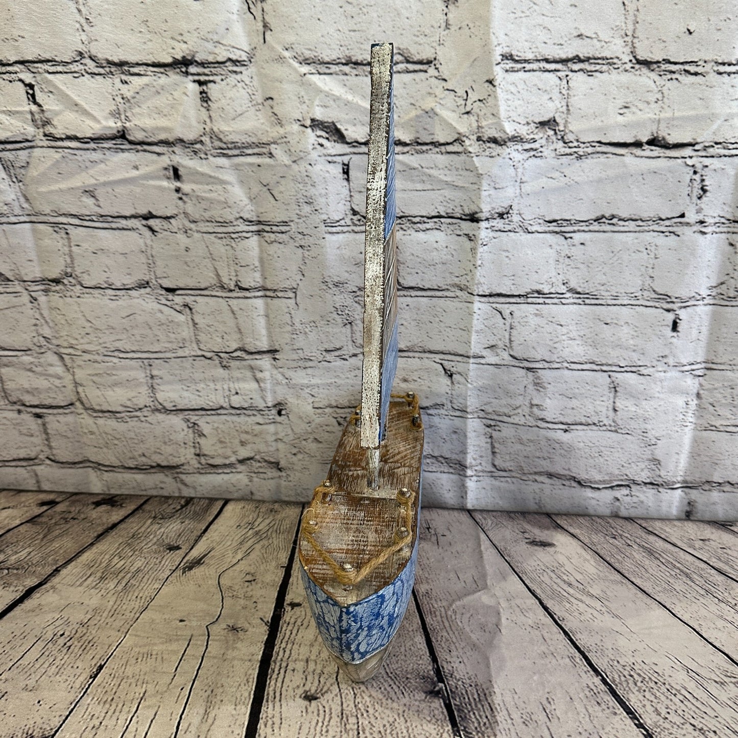 40cm Rustic Wooden Brown & Blue Sailing Boat Nautical Ornament Sculpture Decor