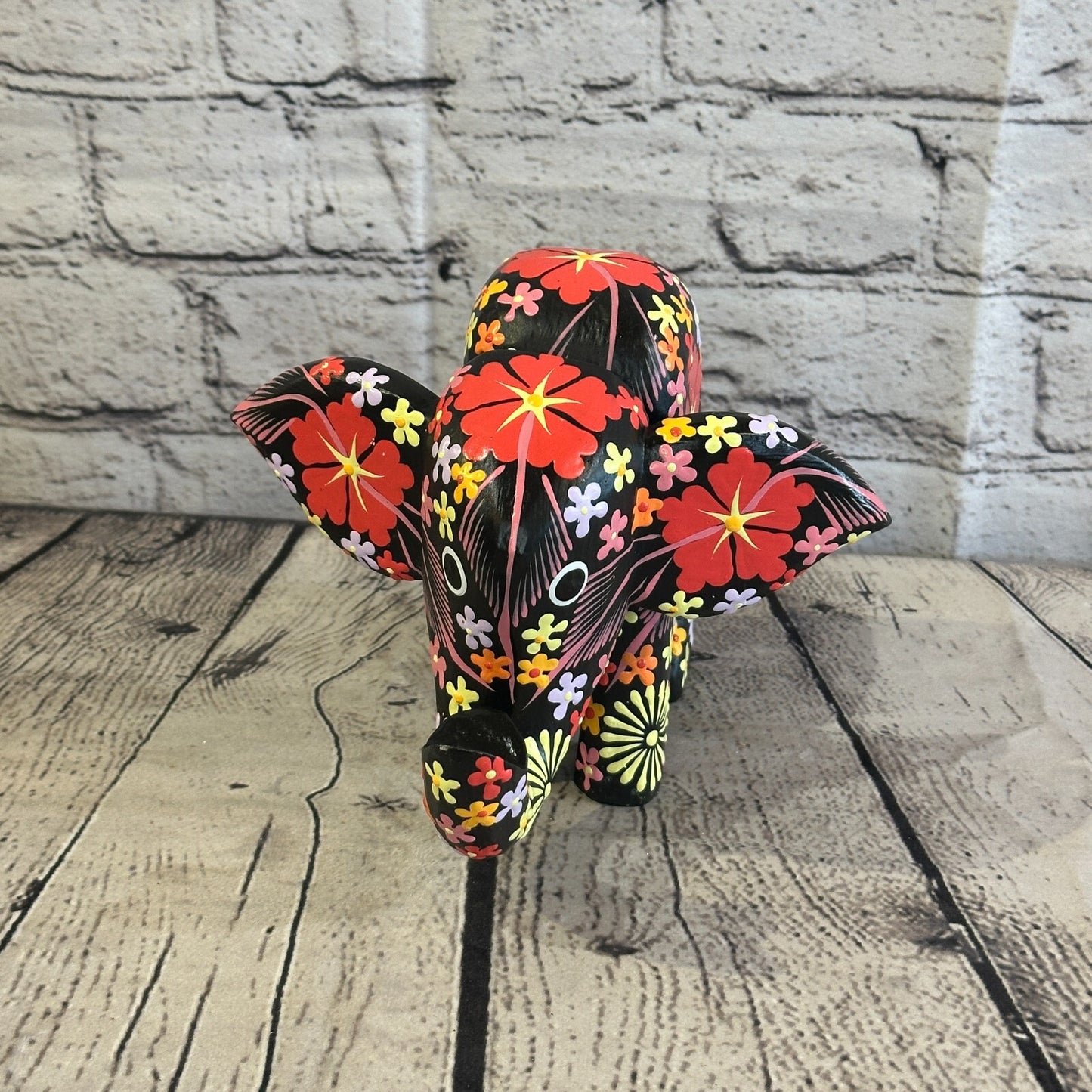 Black Wooden Elephant With Flower Pattern 15cm x 18cm Handmade and Fairtrade
