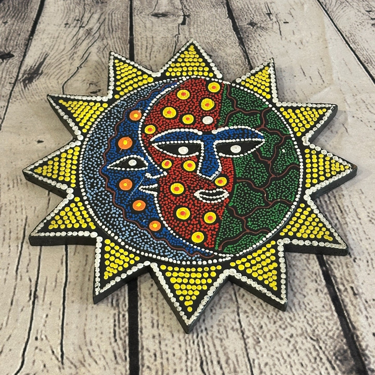 25cm Sun & Moon Carved Wooden Dot Painted Ethnic Tribal Tiki Wall Handmade No 1