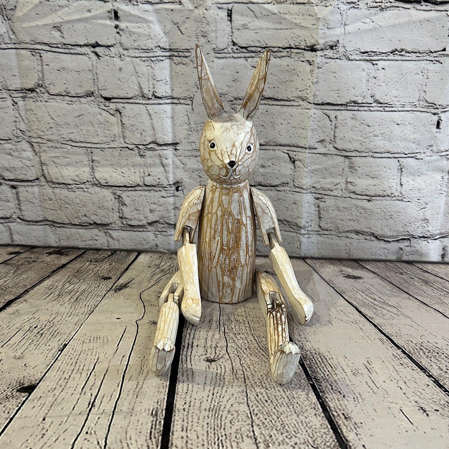 30cm Shabby White Rabbit Sitting Animal Wooden Shelf Ornament Handmade Fairtrade