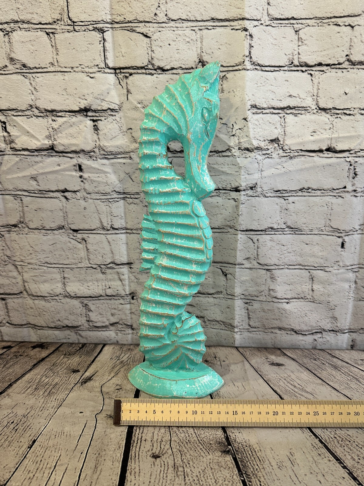 40cm Green Plain Wooden Shabby Seahorse Statue Ornament Fair Trade Handcarved