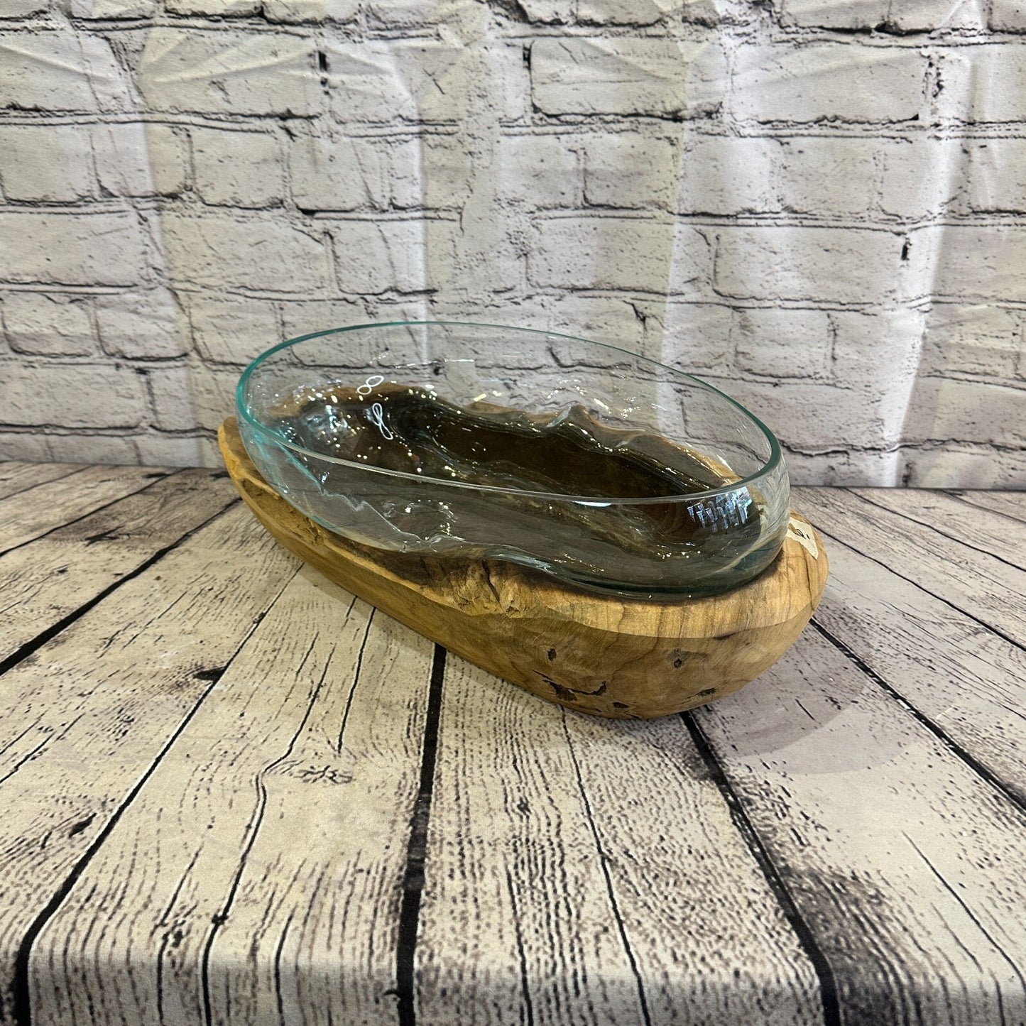15cm x 40cm Molten Glass Round Bowl Natural Root Wood Base Stand Decor Ornament