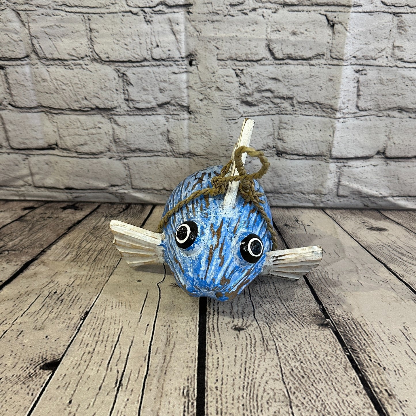 White Blue Folk Art Hand Painted Puffer Fish Coconut Shell Ornaments Hanging