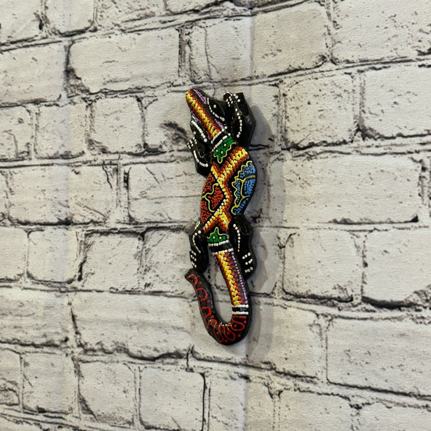 20cm Gecko Carved Wooden Dot Painted Ethnic Tribal Tiki Wall Handmade No 12
