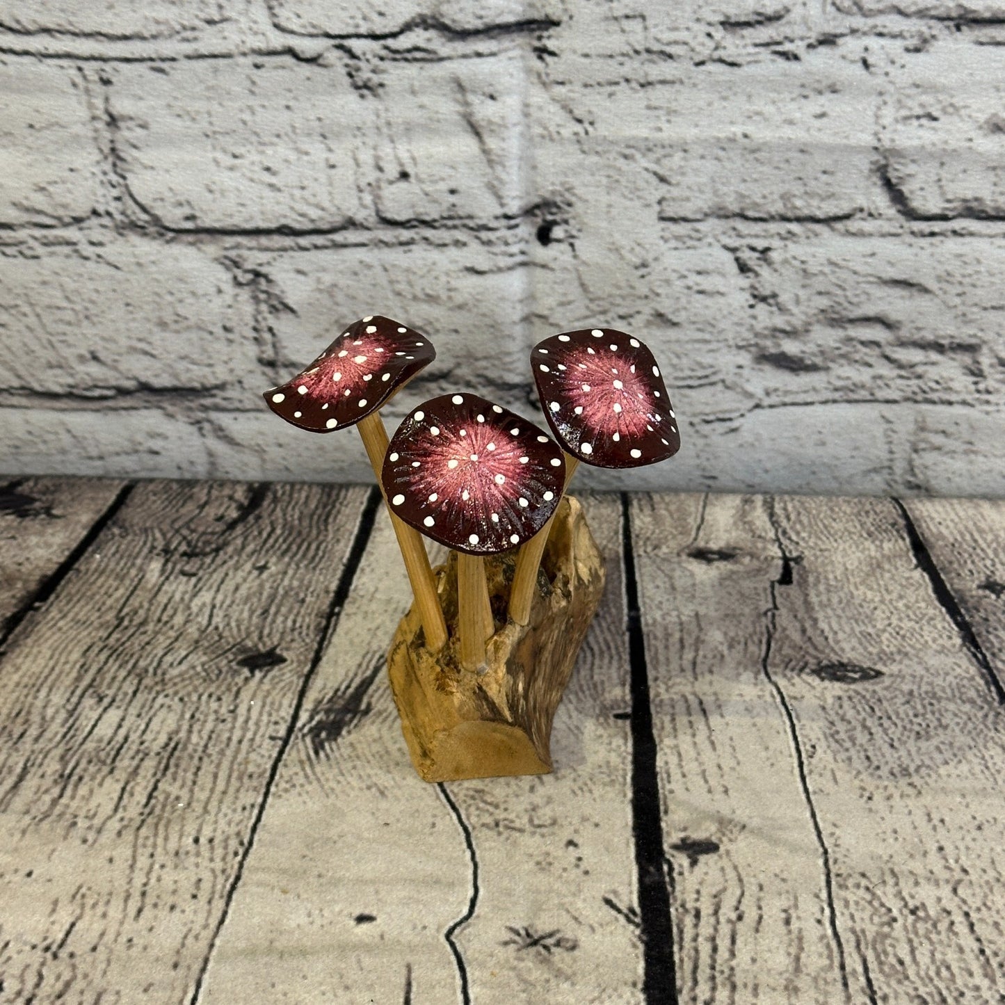 Purple Pink Painted Mushroom Parasite Ornament Natural Carving Fairtrade Wooden