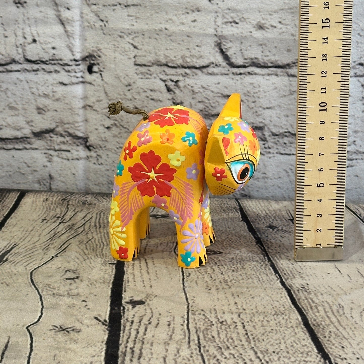 Orange Small Wooden Cat With Flower Pattern 10cm x 8cm Handmade and Fairtrade
