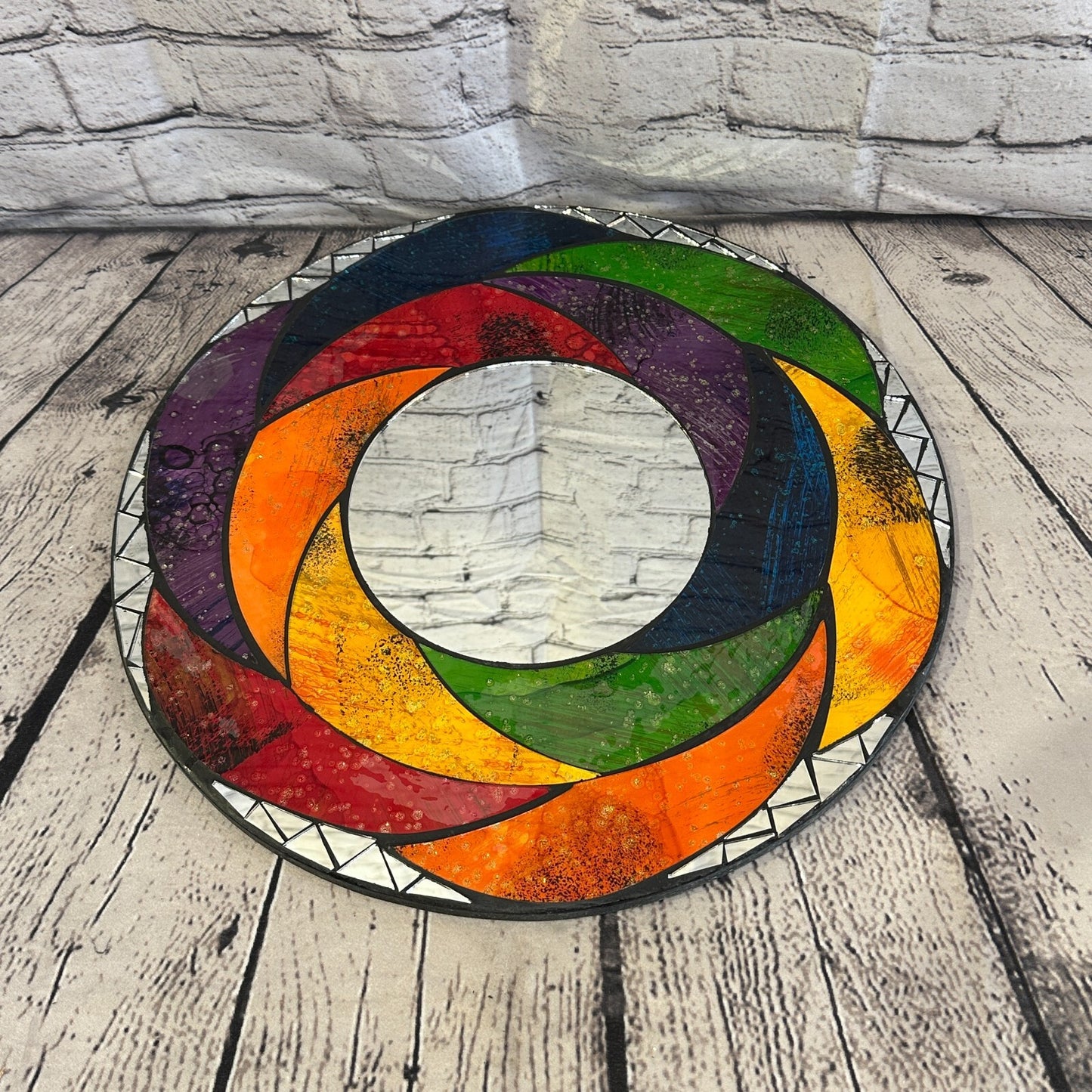 Rainbow Swirl Crescent Mosaic Tile Wall Mirror 40cm x 40cm 16 Inches Handmade