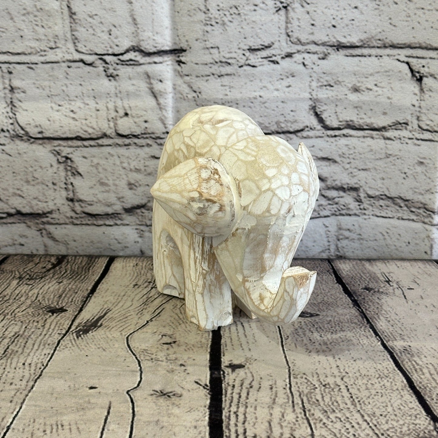 White Wooden Elephant With Shabby Pattern 12cm x 12cm Handmade and Fairtrade