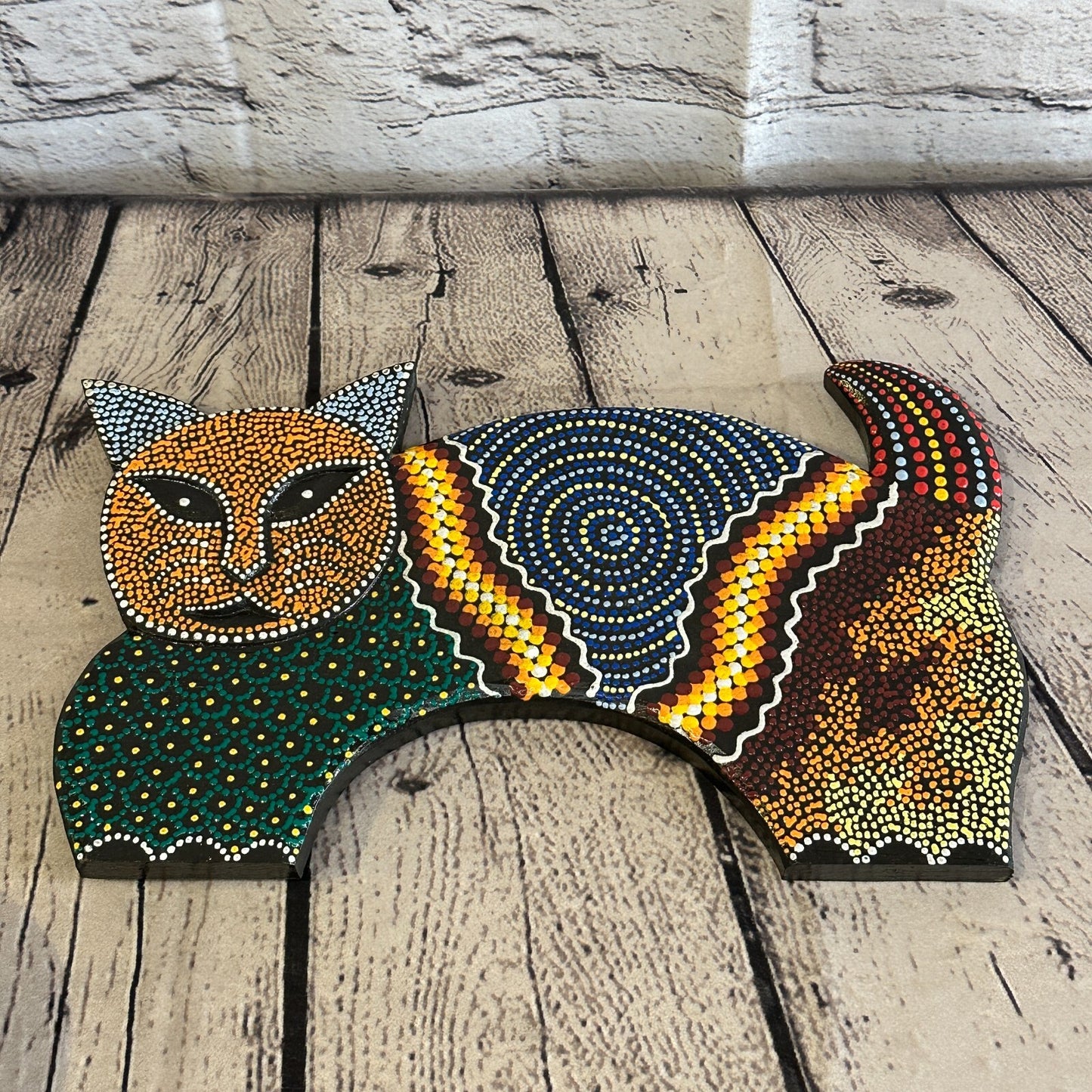 30cm Orange Cat Carved Wooden Dot Painted Ethnic Tribal Tiki Wall Art Handmade