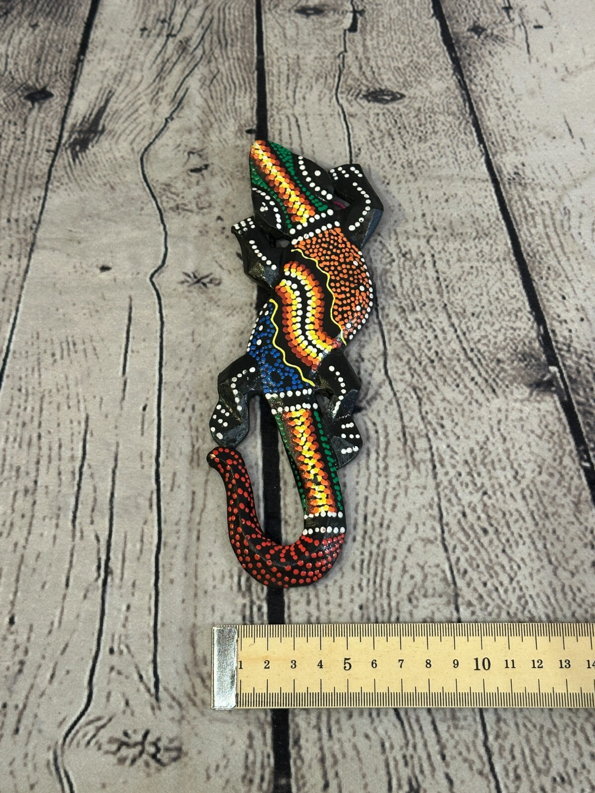 20cm Gecko Carved Wooden Dot Painted Ethnic Tribal Tiki Wall Handmade No 10
