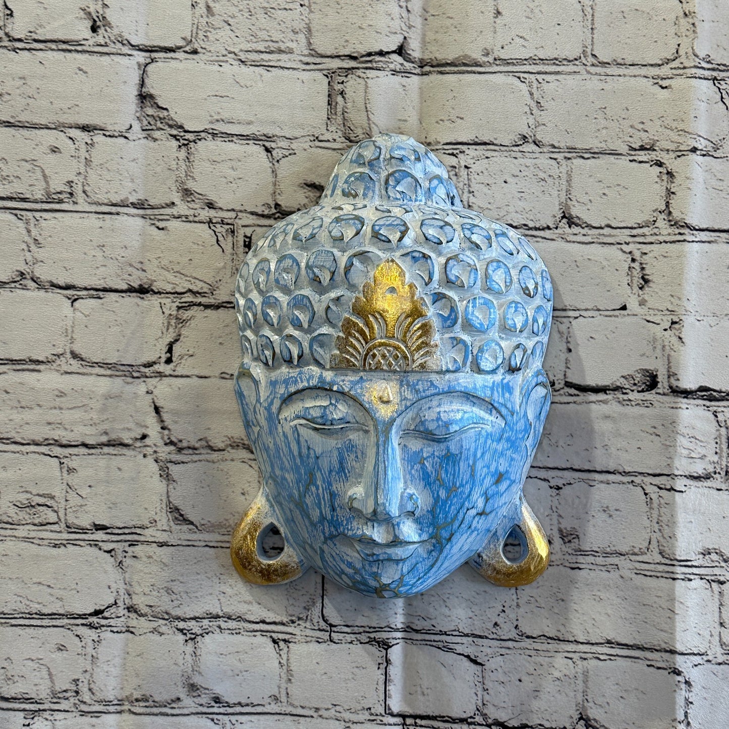 30cm x 20cm Blue Buddha Head Mask Wooden Hanging Statue Figurine Ornament