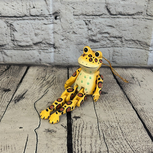 10cm Yellow Frog Sitting Animal, Wooden Shelf Ornament Handmade and Fairtrade