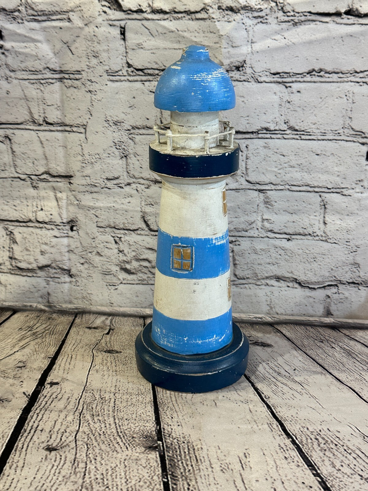 30cm Blue White Wooden Lighthouse Ornament Nautical Coastal Sculpture Statue