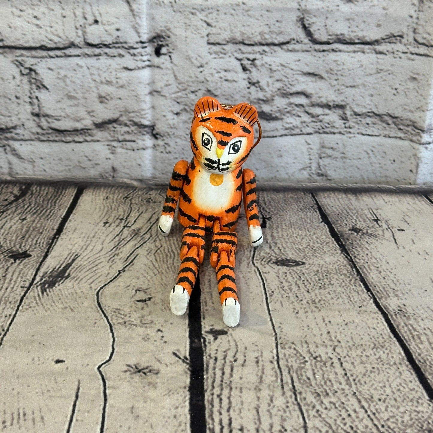 10cm Orange Tiger Sitting Animal, Wooden Shelf Ornament Handmade and Fairtrade
