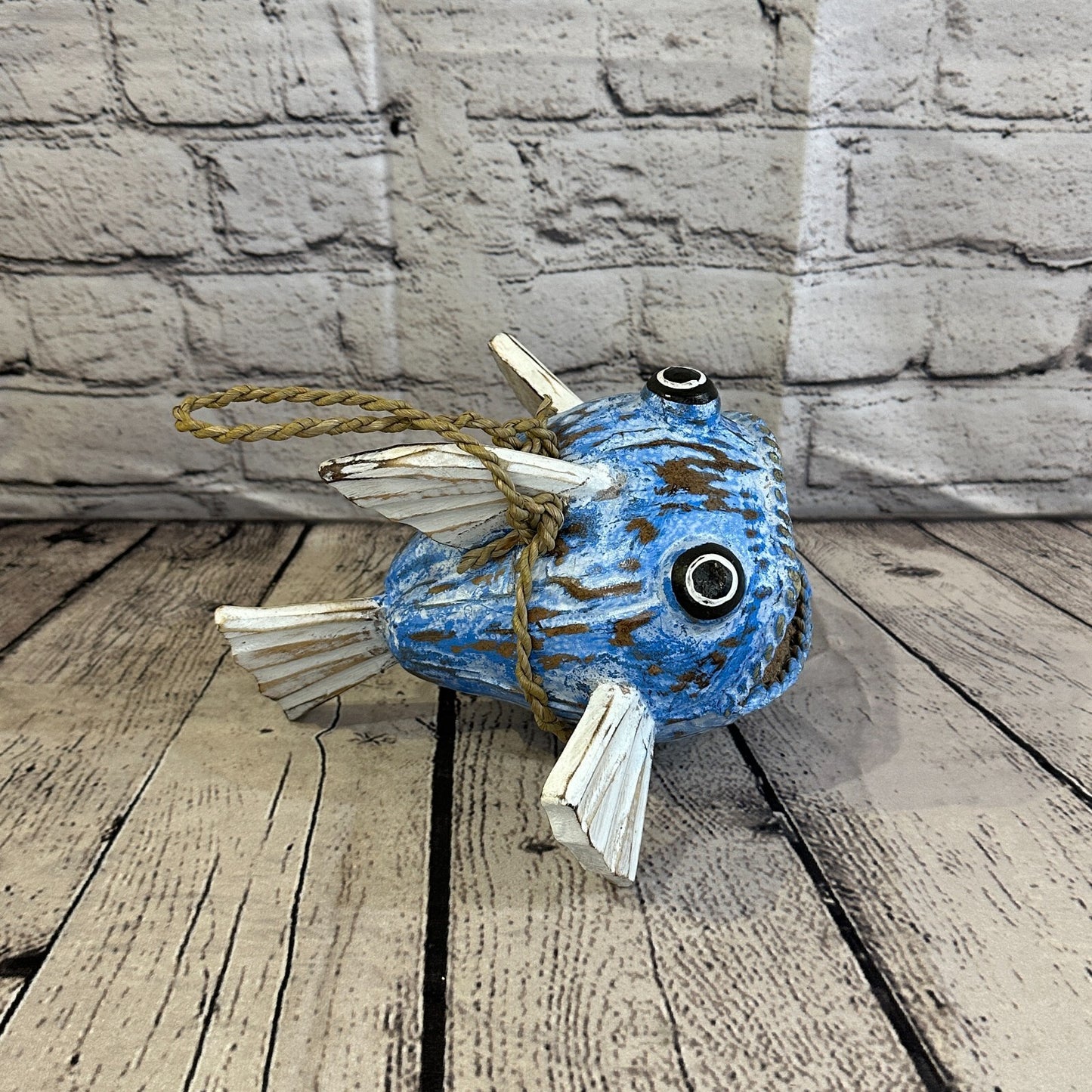 White Blue Folk Art Hand Painted Shark Fish Coconut Shell Ornaments Hanging
