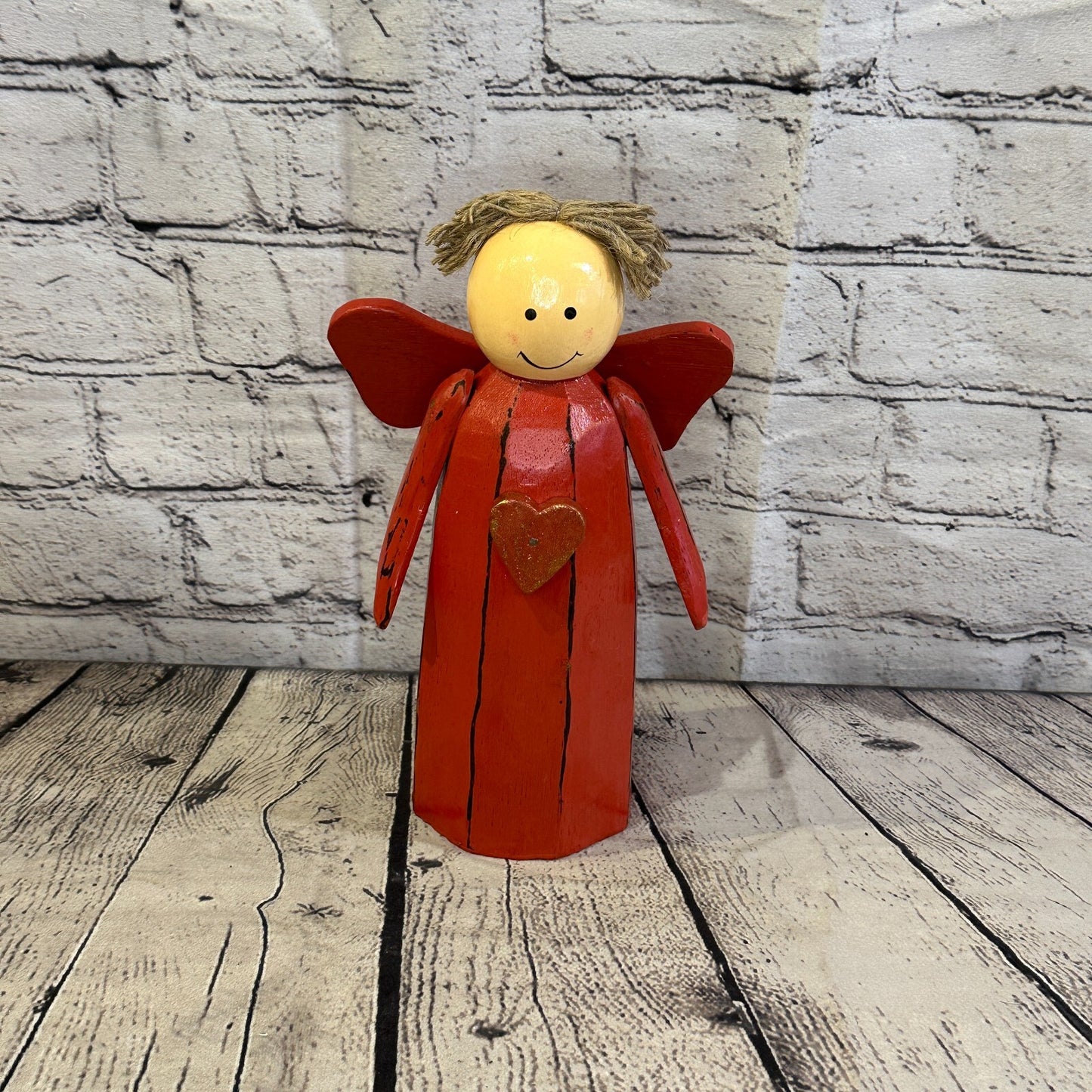25cm x 10cm Red Cream Angel Red Heart Handcrafted Wood Xmas Christmas Ornament