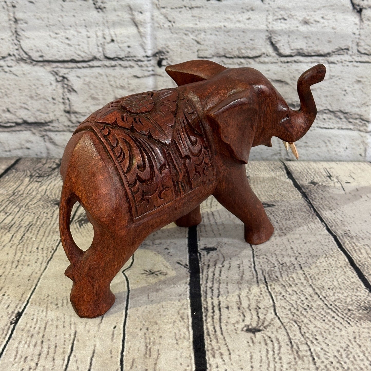 18cm x 12cm Carved Wooden Baby Elephant Wood Brown Sculpture Retro Handmade