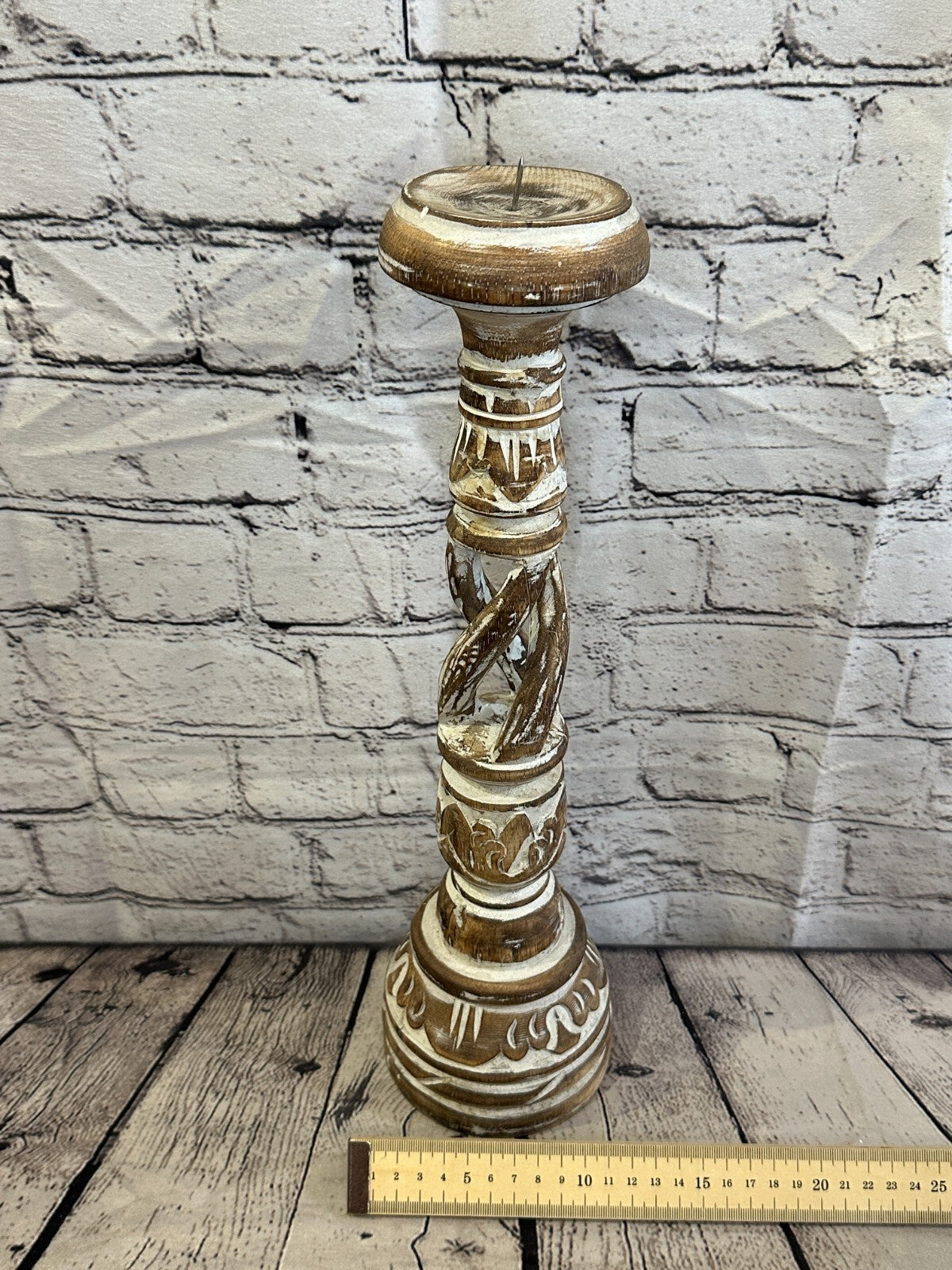 40cm Brown Tall Candlestick Shabby Chic Distressed Twist Column Candle Holder