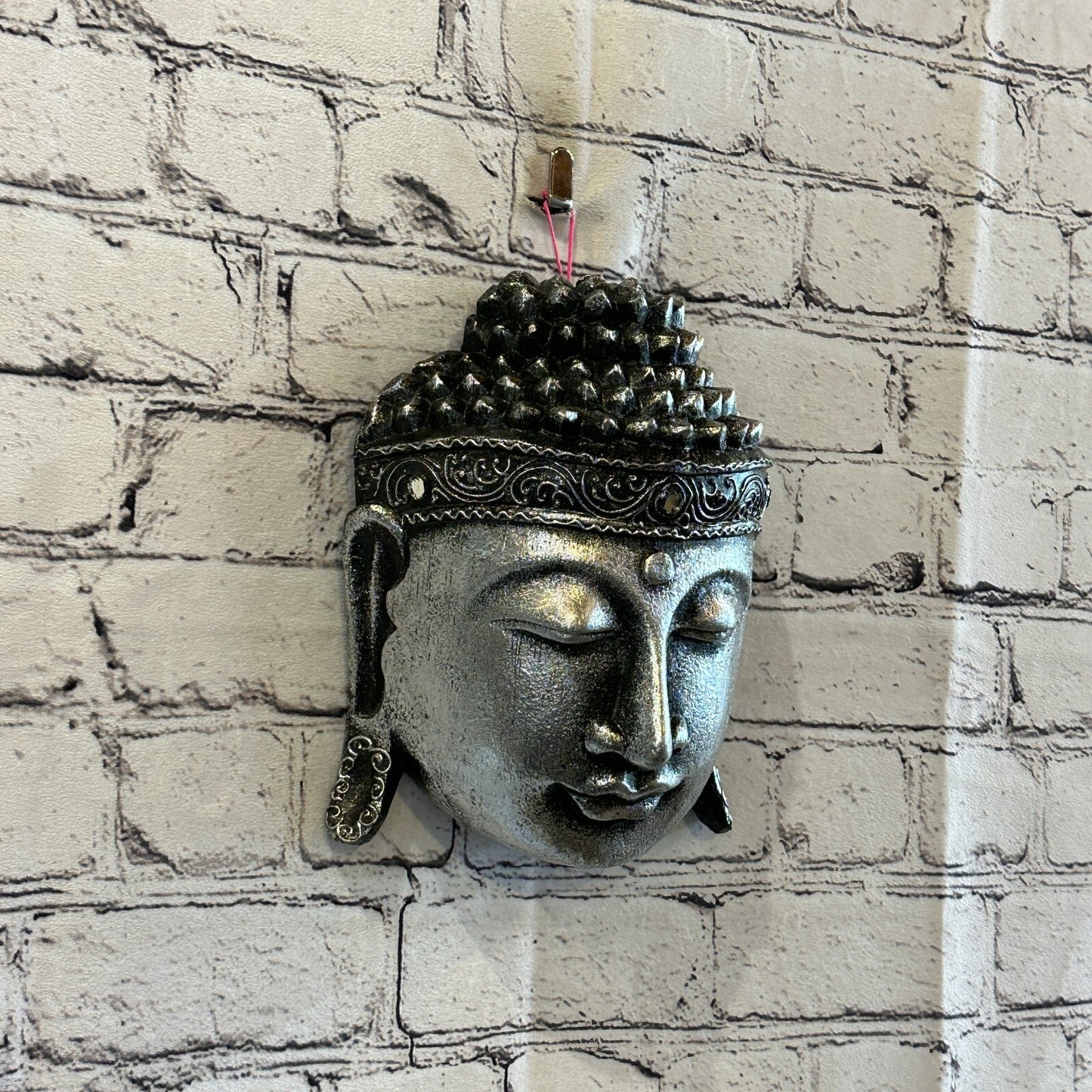 20cm Silver Buddha Head Mask Wooden Hanging Statue Figurine Ornament Fair Trade