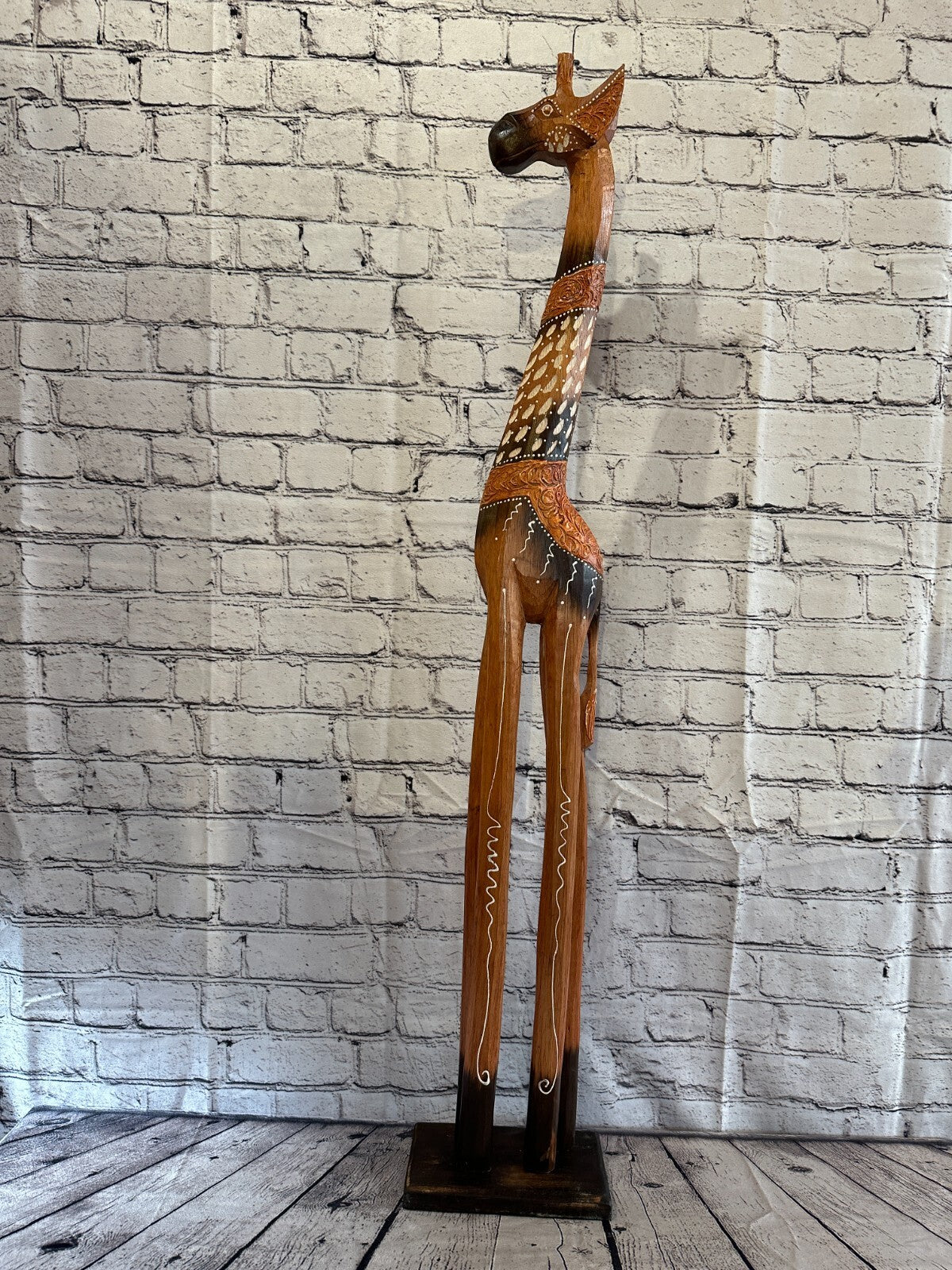 100cm Brown Painted Wood Giraffe Tall Statue Wood Modern Hand Carved Painted
