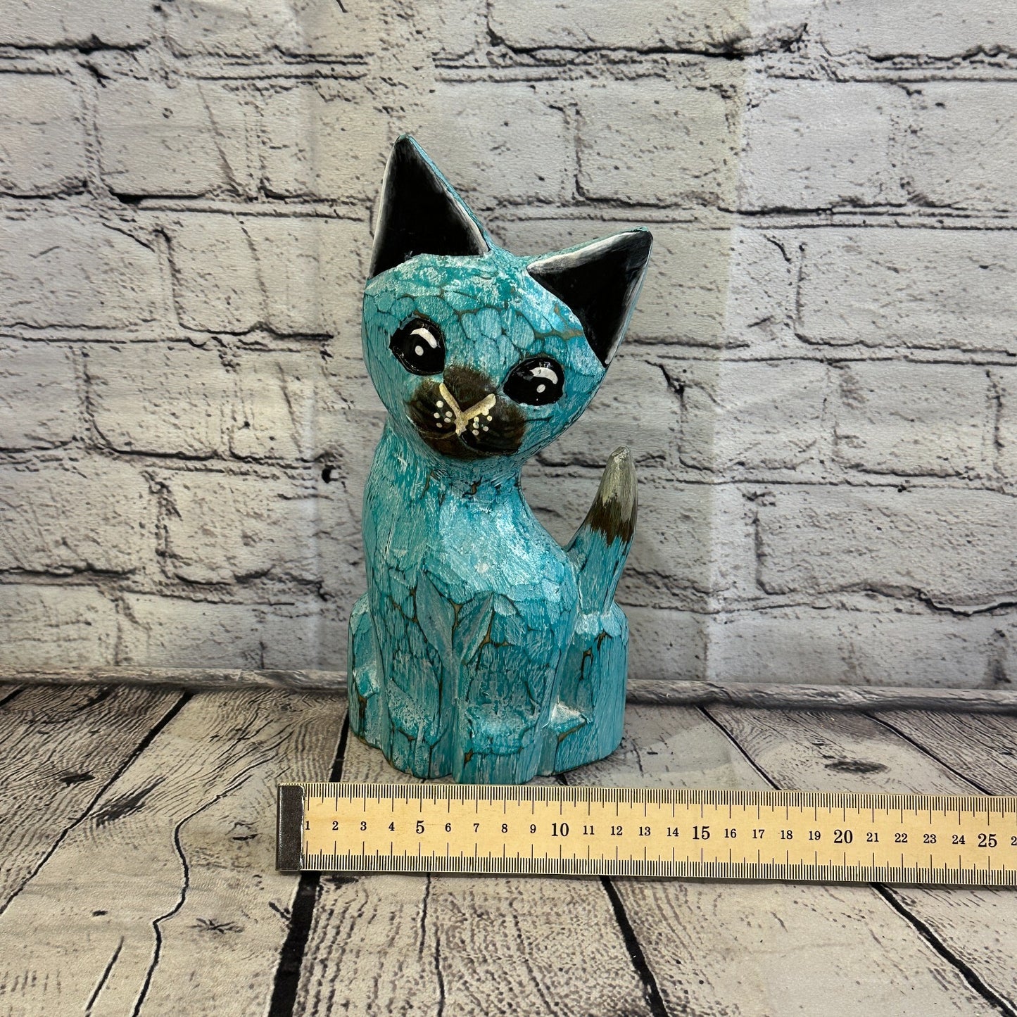 25cm x 10cm Green Flower Wooden Shabby Cat Statue Ornament Fair Trade Handcarved