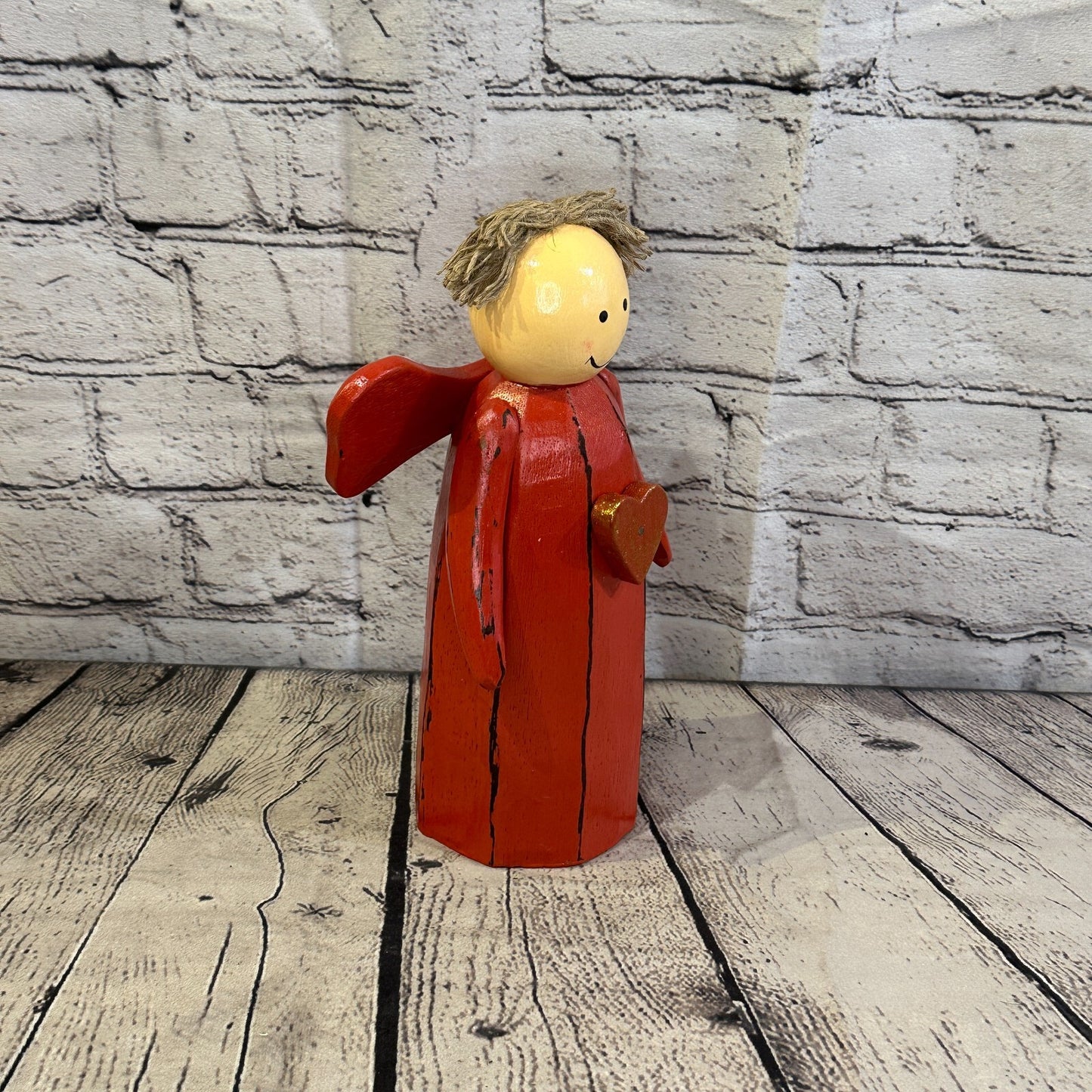 25cm x 10cm Red Cream Angel Red Heart Handcrafted Wood Xmas Christmas Ornament