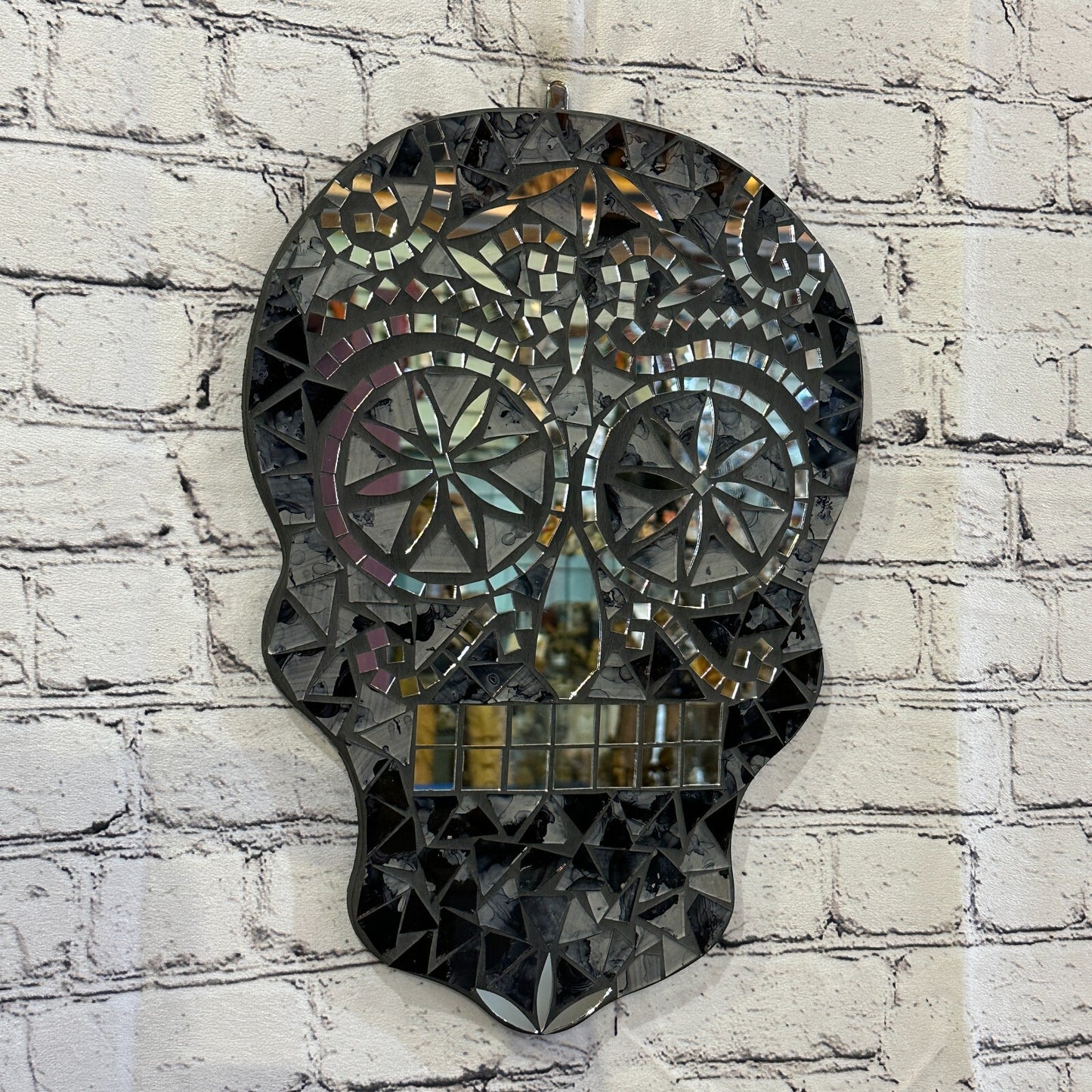 Black Grey Skull Mosaic Tile Wall Mirror 40cm x 28cm 16 Inches Handmade New