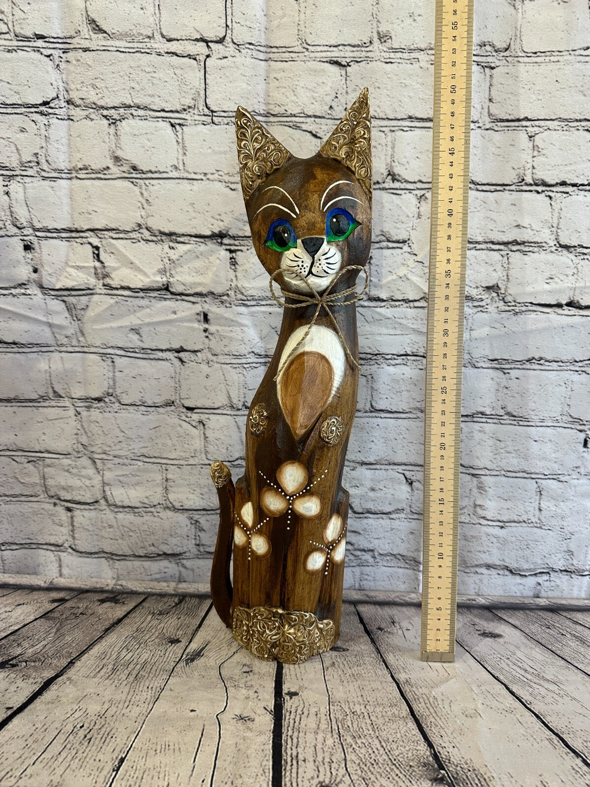 50cm Brown Swirl Flower Wooden Shabby Cat Statue Ornament Fair Trade Handcarved