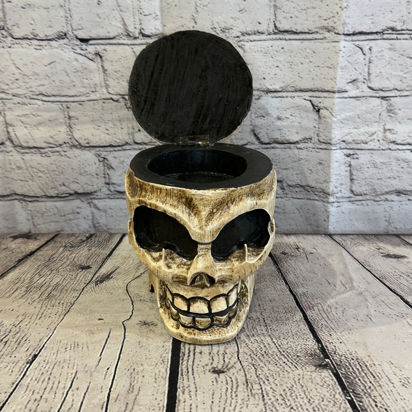 18cm x 12cm Shallow Wooden Gothic Skeleton Skull  Head Coffin Jewellery Box