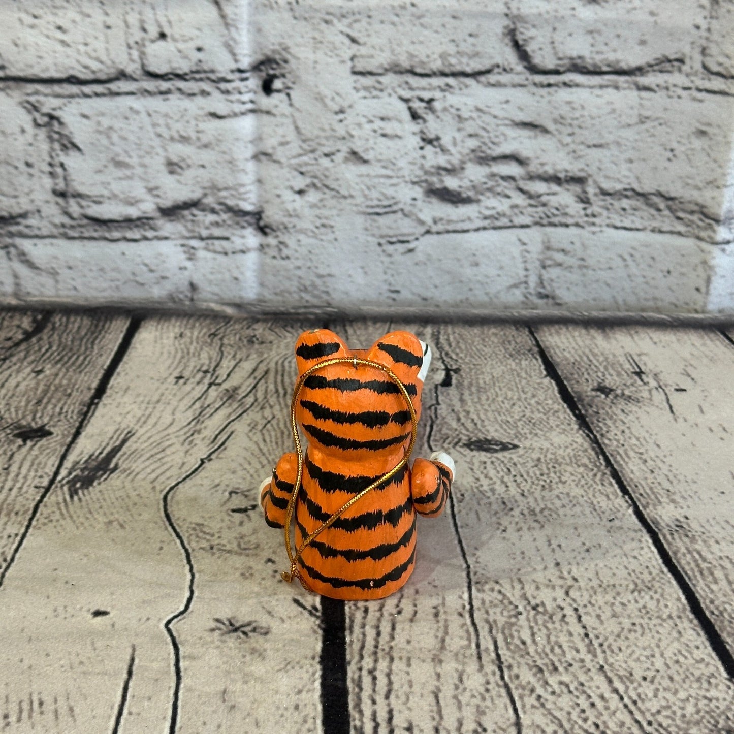 10cm Orange Tiger Sitting Animal, Wooden Shelf Ornament Handmade and Fairtrade