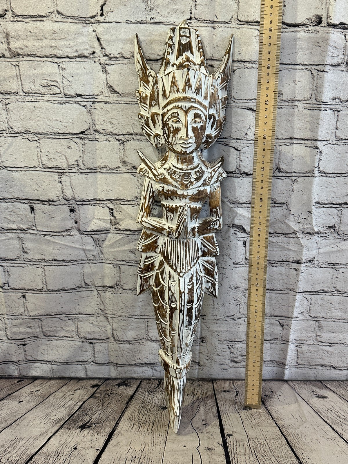 Shabby Brown Sita Dewi Bali Rice Goddess Wings Mermaid Wood Carving 65cm Pair