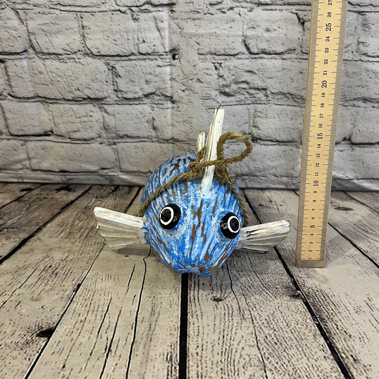 White Blue Folk Art Hand Painted Puffer Fish Coconut Shell Ornaments Hanging