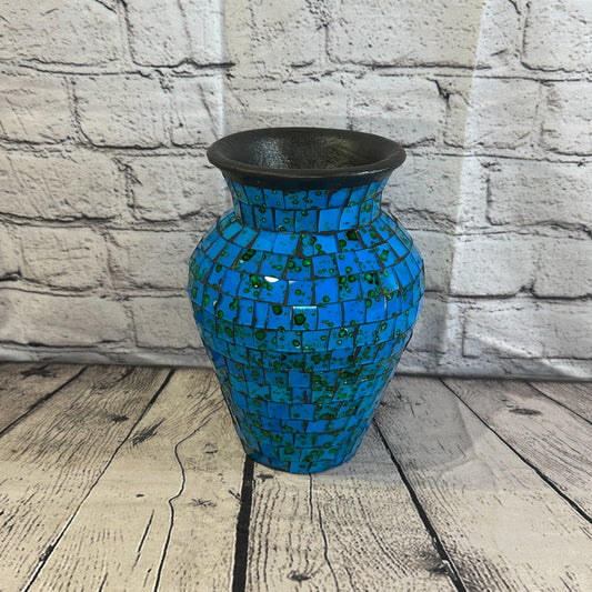 20cm Blue Hand Painted Glass Mosaic Terracotta Vase Vessel Ceramic Pottery