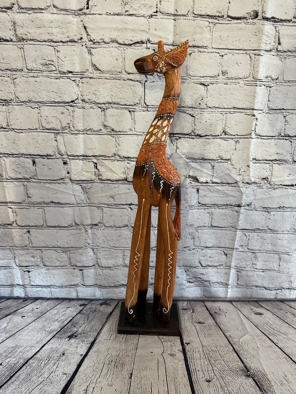 60cm Brown Painted Wood Giraffe Tall Statue Wood Modern Hand Carved Painted