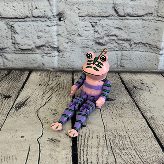 10cm Purple Frog Sitting Animal, Wooden Shelf Ornament Handmade and Fairtrade