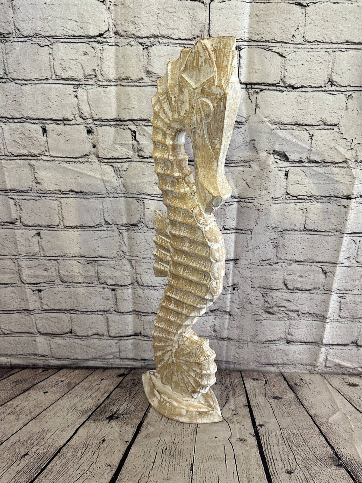 60cm White Plain Wooden Shabby Seahorse Statue Ornament Fair Trade Handcarved
