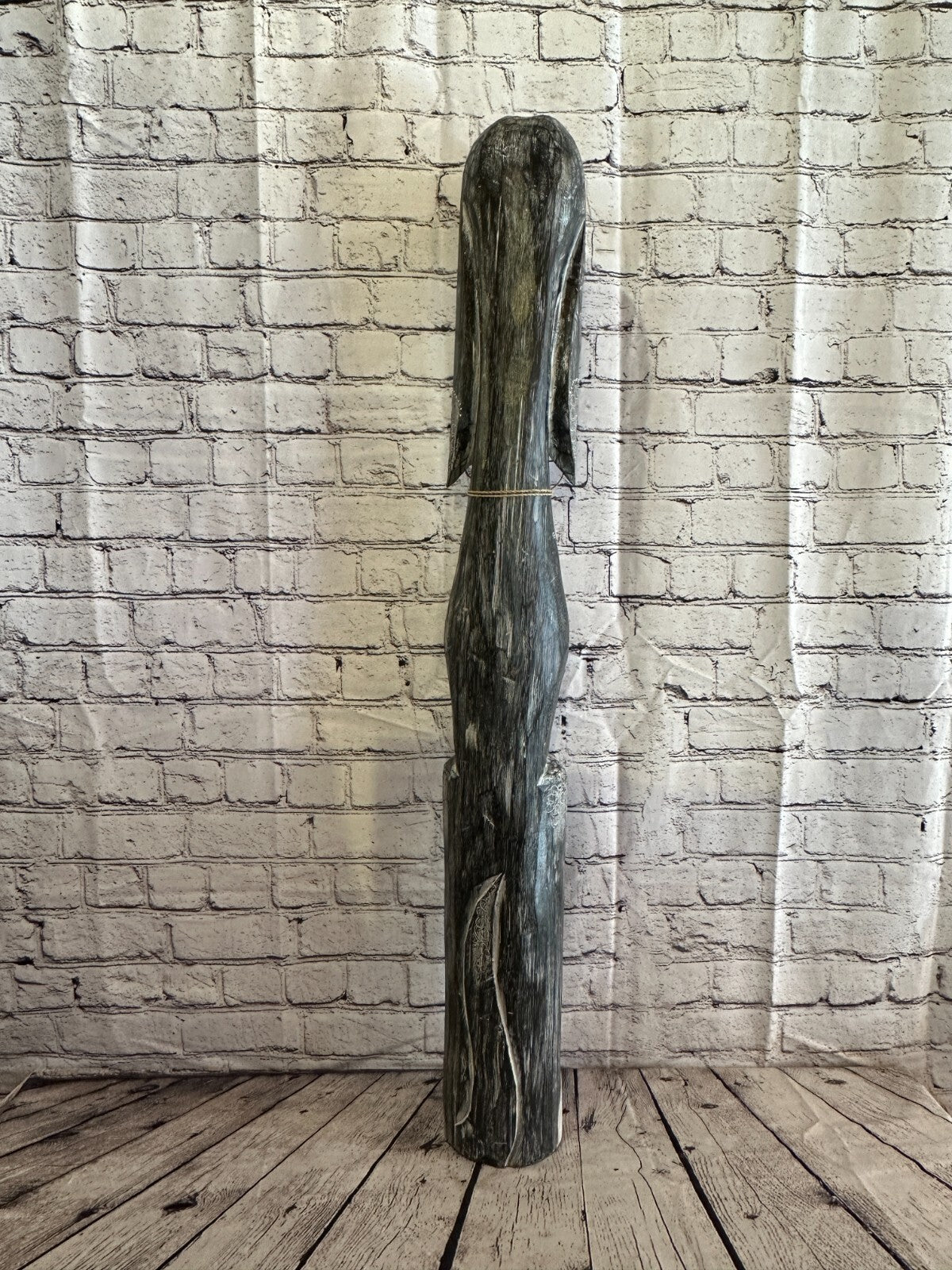 100cm Grey Flower Wooden Shabby Dog Statue Ornament Fair Trade Handcarved