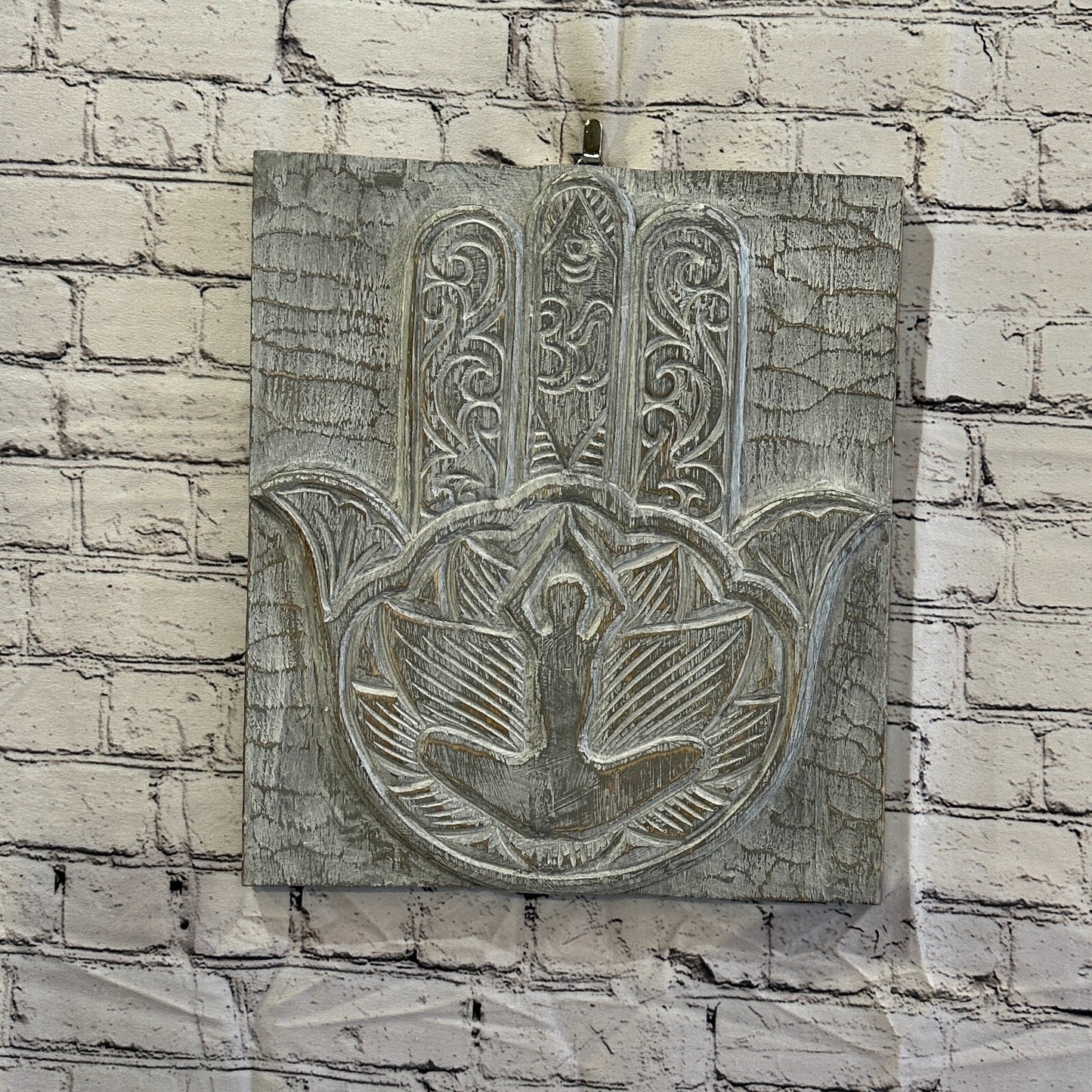 Hand Of Fatima Wooden Panel 40cm x 35cm Silver Grey Wall Art Plaque Handcarved